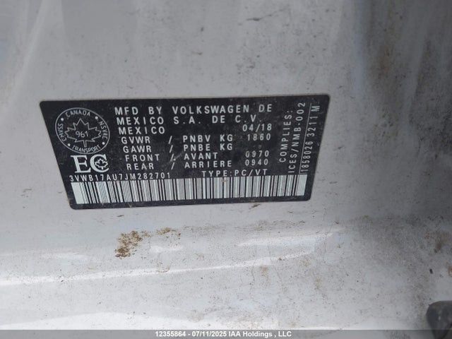 3VWB17AU7JM282701 Volkswagen 2018