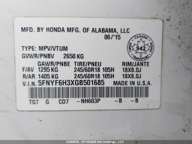 5FNYF6H3XGB501685 Honda j35y6