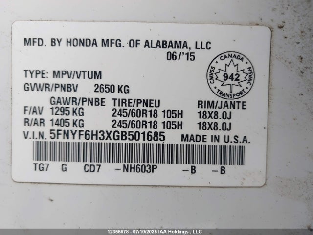 5FNYF6H3XGB501685 Honda j35y6