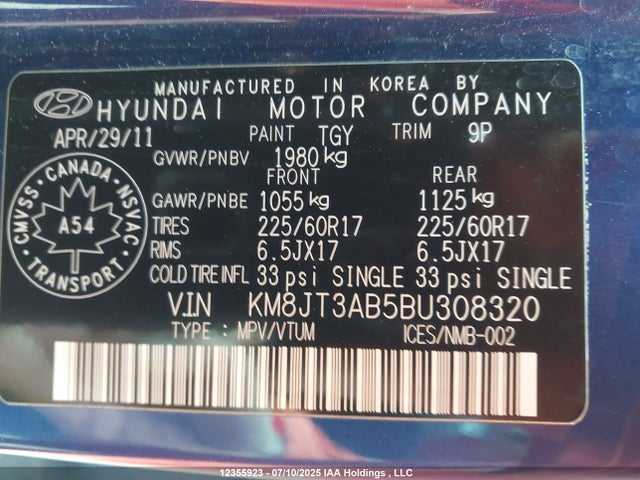 12355923 :رقم المزاد ، KM8JT3AB5BU308320 vin ، 2011 Hyundai Tucson L مزاد بيع