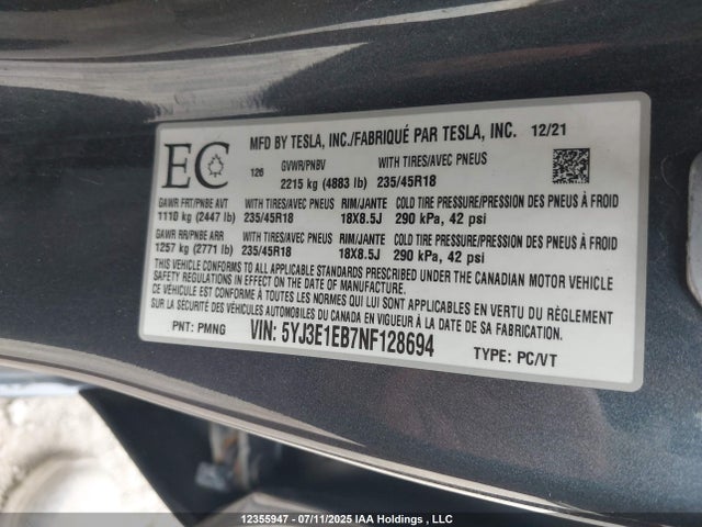 5YJ3E1EB7NF128694 Tesla MODEL 3