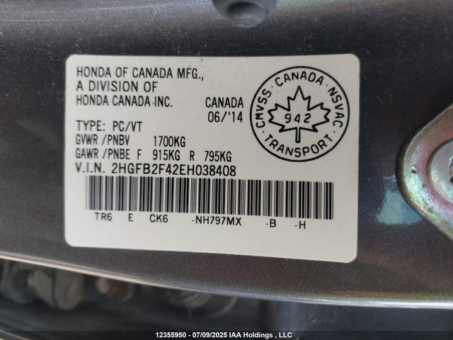 Honda r18z1 2014 2HGFB2F42EH038408 Image 9