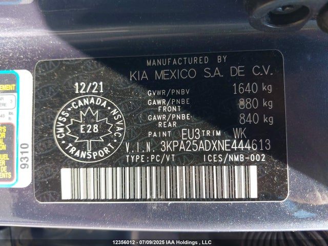 3KPA25ADXNE444613 KIA mpi gamma ii
