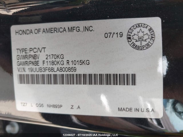 Acura j35y6 2020 19UUB3F68LA800859 Image 9