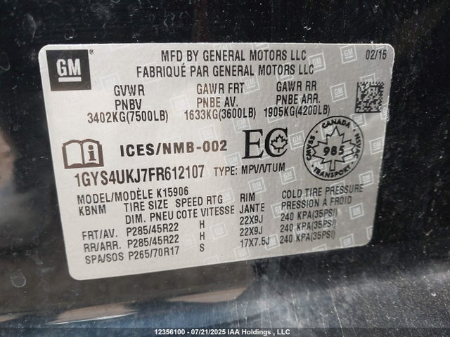 1GYS4UKJ7FR612107 Cadillac l86 - vvt, afm, e85 max, aluminum