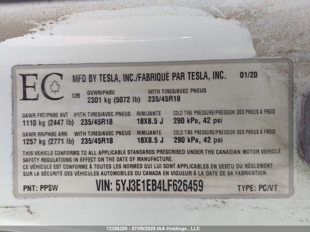 5YJ3E1EB4LF626459 Tesla 2020