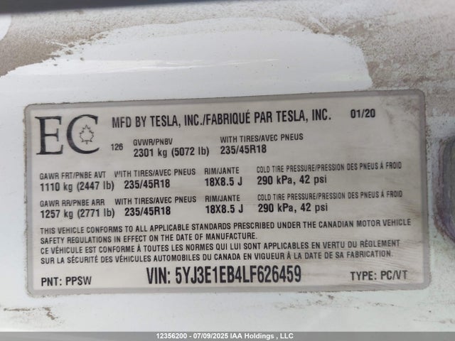 5YJ3E1EB4LF626459 Tesla 2020