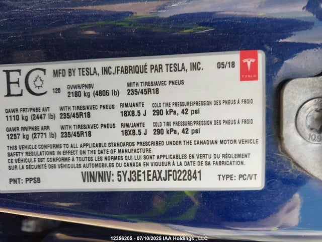5YJ3E1EAXJF022841 Tesla MODEL 3