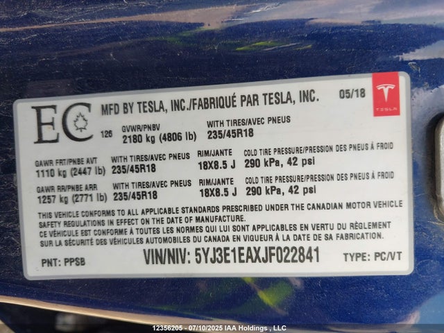 5YJ3E1EAXJF022841 Tesla MODEL 3