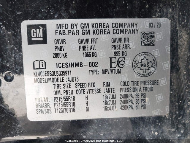 KL4CJESB3LB335911 Buick luv: mfi, variable valve timing, alum, e85 max