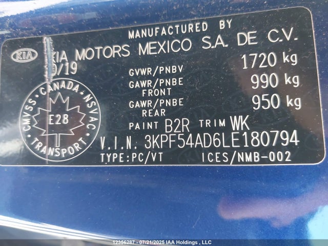 3KPF54AD6LE180794 KIA mpi nu