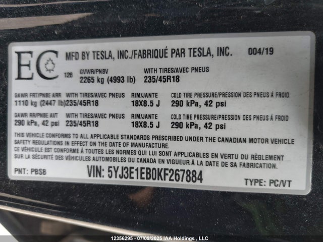 5YJ3E1EB0KF267884 Tesla MODEL 3