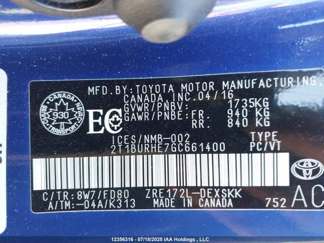 2T1BURHE7GC661400 Toyota 2zr-fe