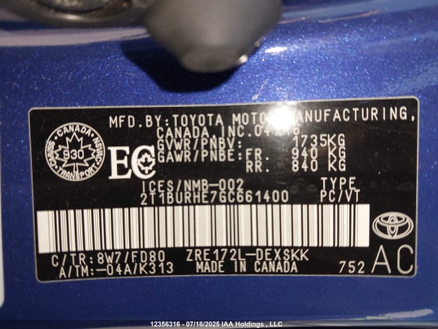2T1BURHE7GC661400 Toyota 2zr-fe