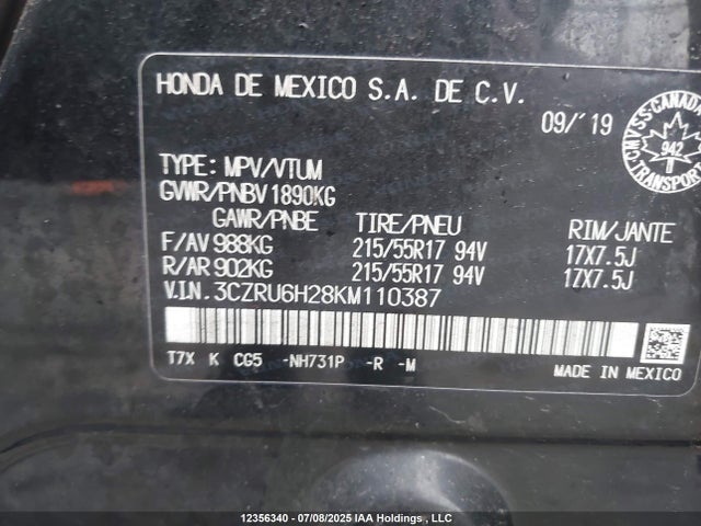 3CZRU6H28KM110387 Honda r18z9