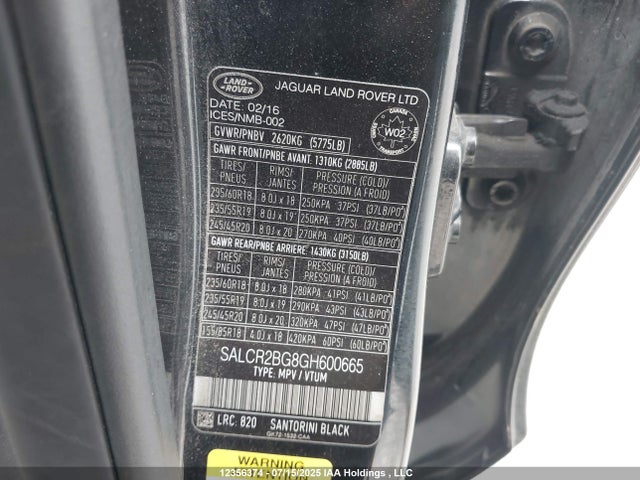 SALCR2BG8GH600665 Land Rover gtdi lev3 sulev30