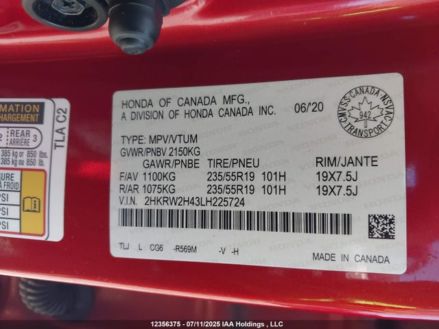 2HKRW2H43LH225724 Honda l15be
