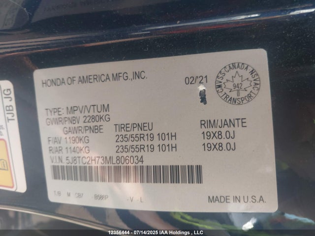 Acura k20c4 2021 5J8TC2H73ML806034 Image 9