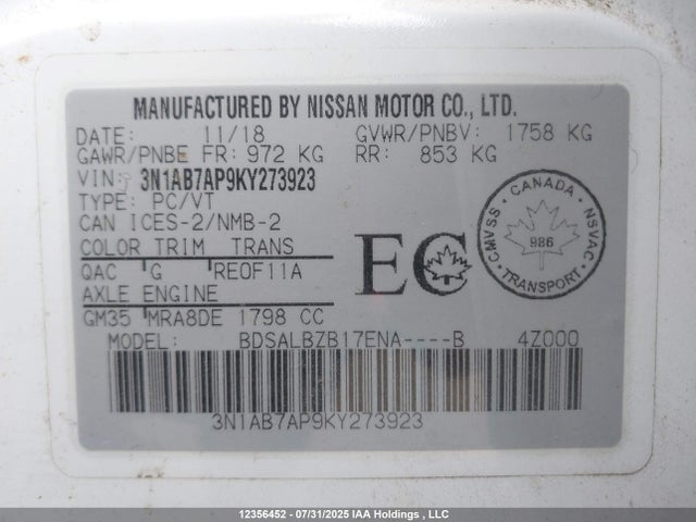 3N1AB7AP9KY273923 Nissan Sentra