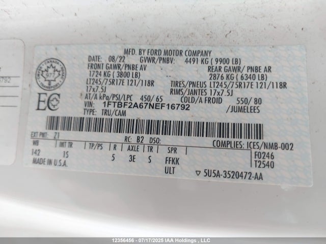 Ford 2022 2022 1FTBF2A67NEF16792 Image 9