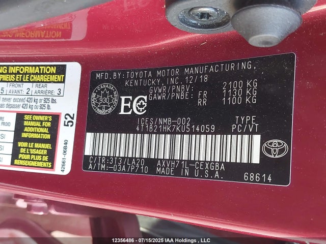 4T1B21HK7KU514059 Toyota a25a-fxs port+direct