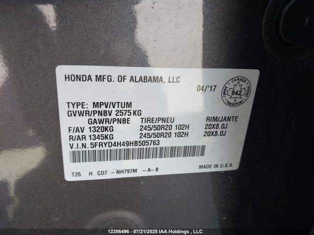 Acura j35y5 2017 5FRYD4H49HB505763 Image 9