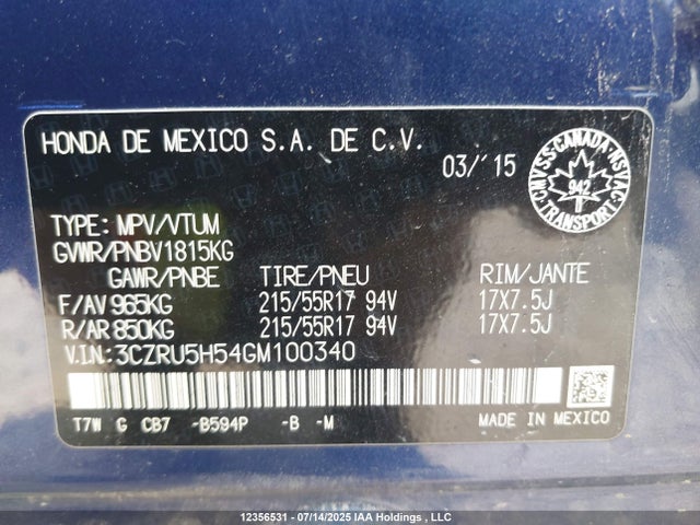 3CZRU5H54GM100340 Honda r18z9