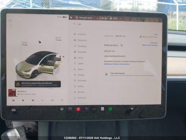 5YJ3E1EA3PF502213 Tesla MODEL 3