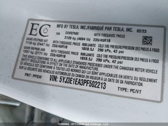 5YJ3E1EA3PF502213 Tesla MODEL 3