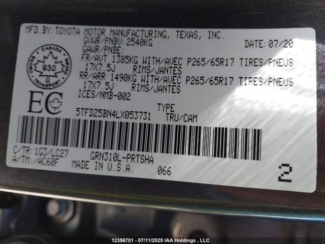5TFDZ5BN4LX053731 Toyota 2gr-fks