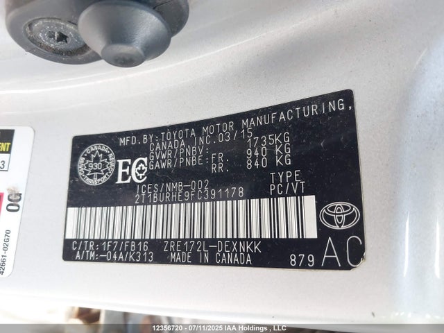 2T1BURHE9FC391178 Toyota 2zr-fe