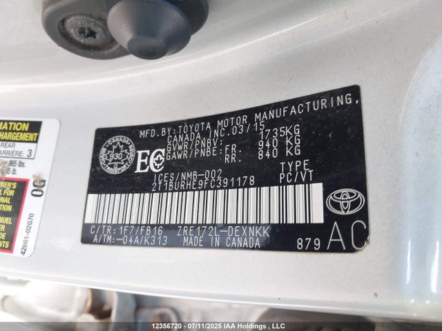 2T1BURHE9FC391178 Toyota 2zr-fe