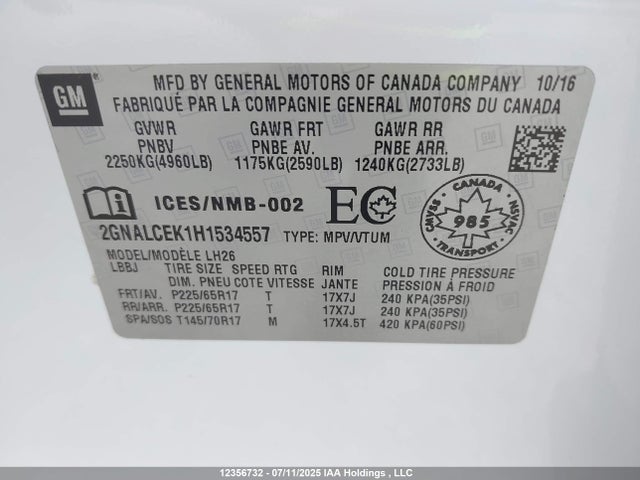 2GNALCEK1H1534557 Chevrolet lea - sidi: spark ignited direct injection, e85 max, alum