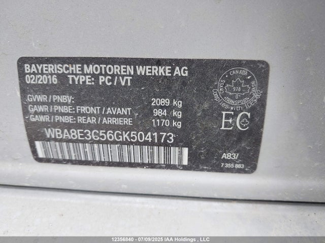 Aukcja sprzedaży 2016 Bmw 3 Series, vin: WBA8E3C56GK504173, numer aukcji: 12356840