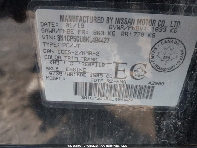3N1CP5CU8KL494427 Nissan 2019
