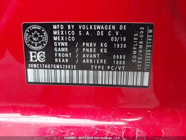 3VWC17AU7GM520639 Volkswagen 1.8 tsi