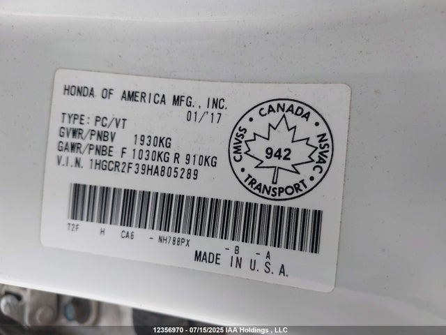 1HGCR2F39HA805289 Honda k24w1