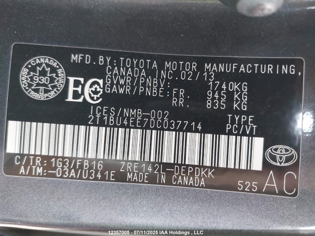Продажа на аукционе авто 2013 Toyota Corolla S/le, vin: 2T1BU4EE7DC037714, номер лота: 12357005