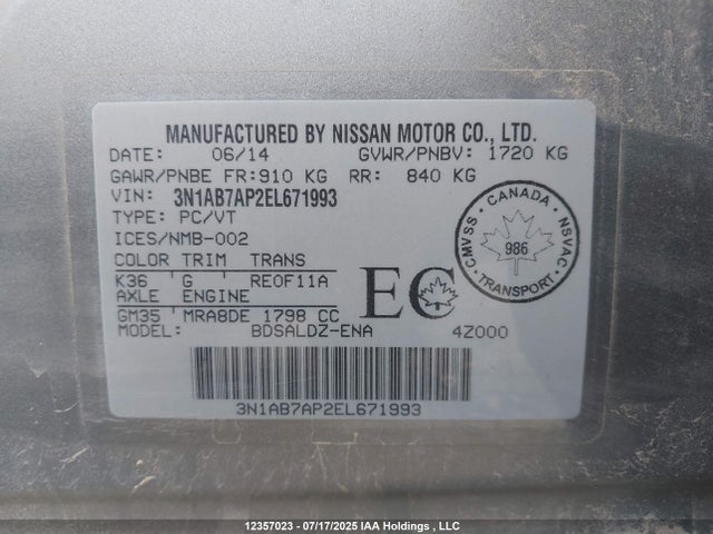 Nissan Sentra 2014 3N1AB7AP2EL671993 Image 9