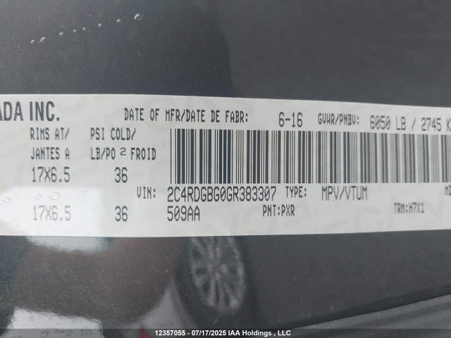 2C4RDGBG0GR383307 Dodge 2016