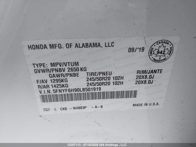 5FNYF6H90LB501919 Honda j35y6