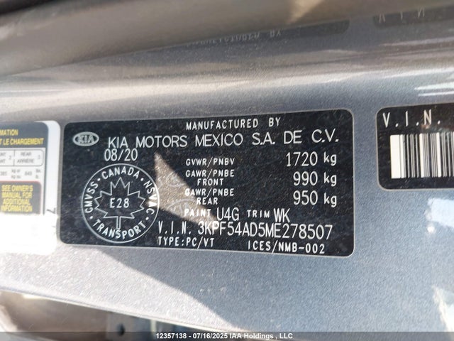 3KPF54AD5ME278507 KIA mpi nu