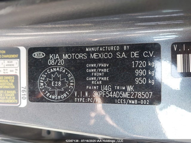 3KPF54AD5ME278507 KIA mpi nu