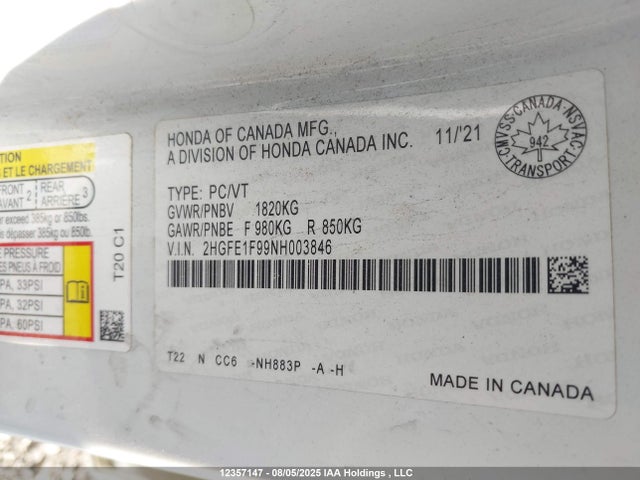 Honda l15b7 2022 2HGFE1F99NH003846 Image 9