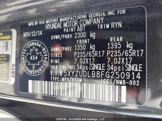 5XYZUDLB8FG250914 Hyundai dohc gdi theta ii