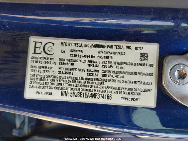 Tesla MODEL 3 2022 5YJ3E1EA4NF314166 Image 18