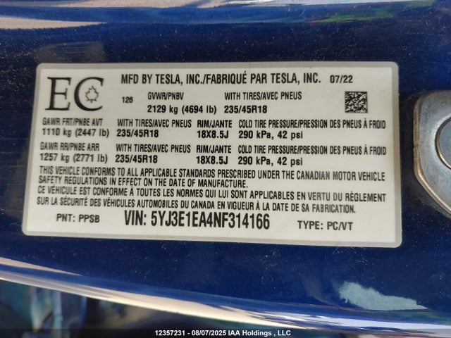 Tesla MODEL 3 2022 5YJ3E1EA4NF314166 Image 9