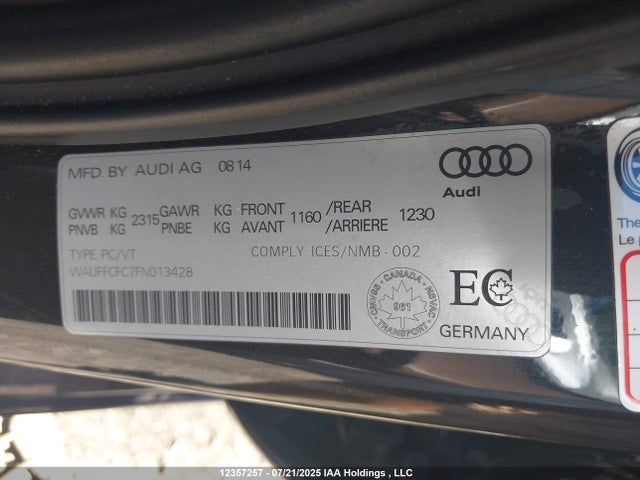 2015 Audi A6 Premium მანქანა იყიდება აუქციონზე, vin: WAUFFCFC7FN013428, აუქციონის ნომერი: 12357257