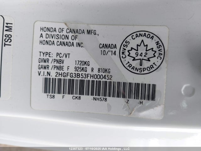 Honda r18z1 2015 2HGFG3B53FH000452 Image 9
