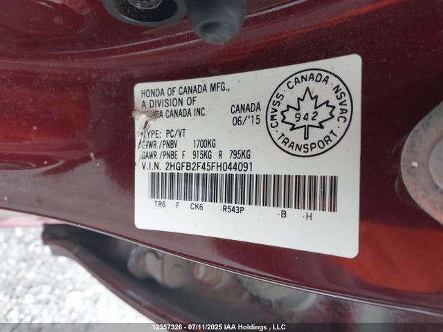 Honda r18z1 2015 2HGFB2F45FH044091 Image 9
